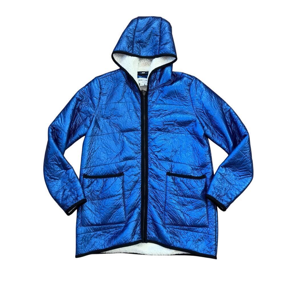 Nikki Jones Montreal Metallic Blue Sherpa Jacket Women's S Oversized Warm Modern